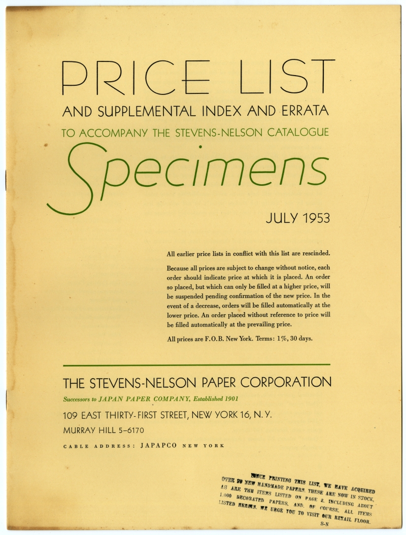 THE STEVENS-NELSON PAPER CORPORATION　Price List